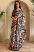 Albescent White Kalamkari Printed Chanderi Cotton Saree