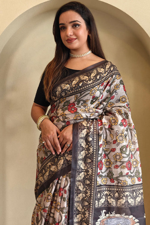 Albescent White Kalamkari Printed Chanderi Cotton Saree