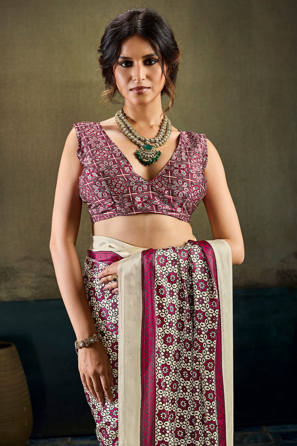Almond Beige and Wine Ajrakh Printed Semi Modal Satin Silk Saree