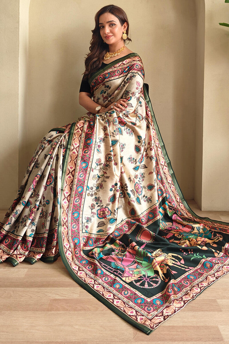 Almond Beige Kalamkari Printed Soft Silk Saree