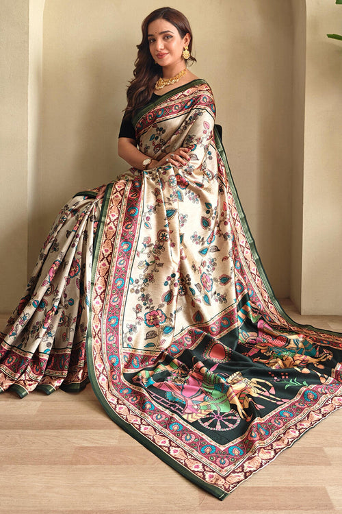 Almond Beige Kalamkari Printed Soft Silk Saree