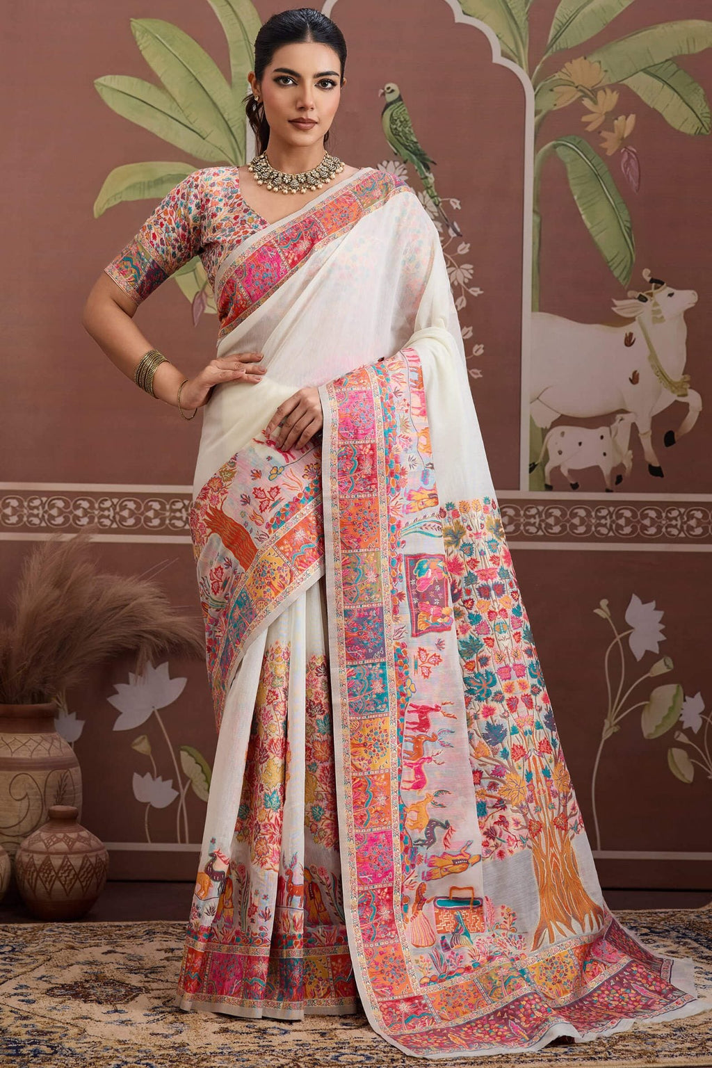 Almond Beige Kashmiri Modal Pashmina Silk Saree
