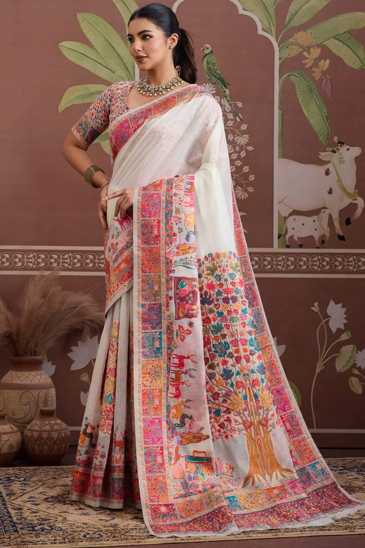 Almond Beige Kashmiri Modal Pashmina Silk Saree
