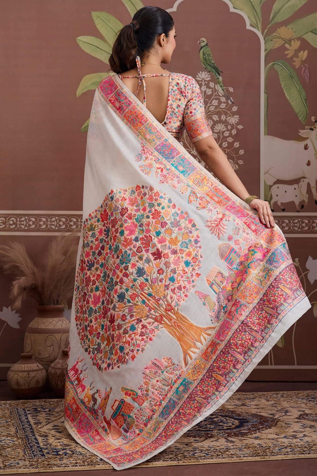 Almond Beige Kashmiri Modal Pashmina Silk Saree