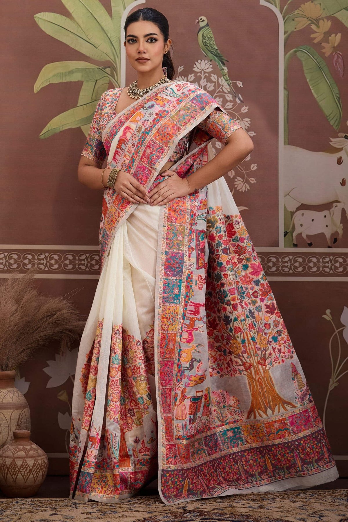 Almond Beige Kashmiri Modal Pashmina Silk Saree