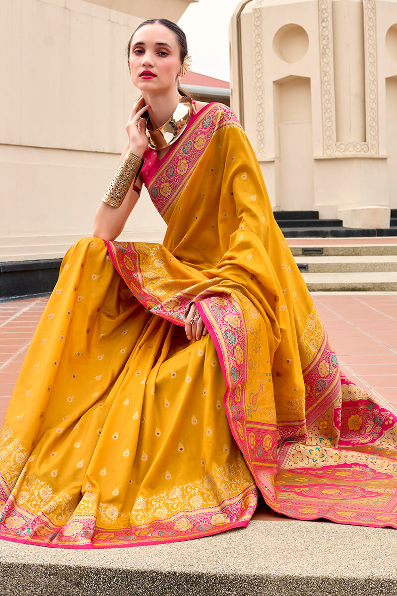 Amber Yellow Soft Banarasi Silk Saree