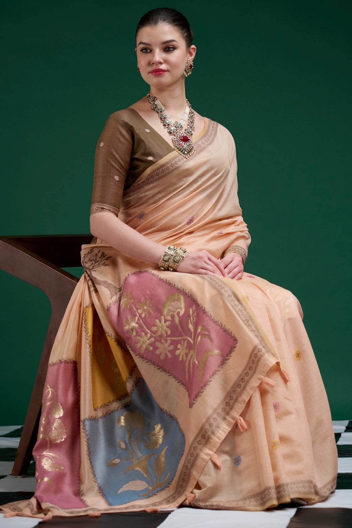 Apricot Peach Jamdani Cotton Silk Saree