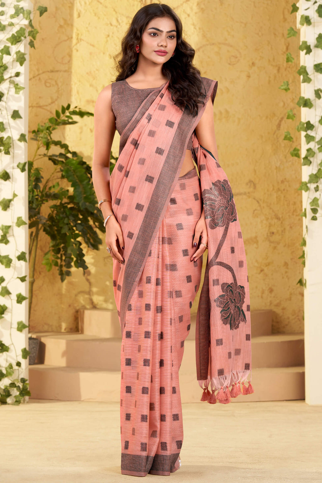 Apricot Peach Linen Silk Saree