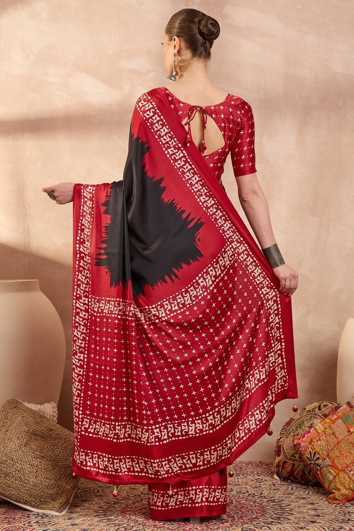 Asphalt Black Printed Satin Silk Saree