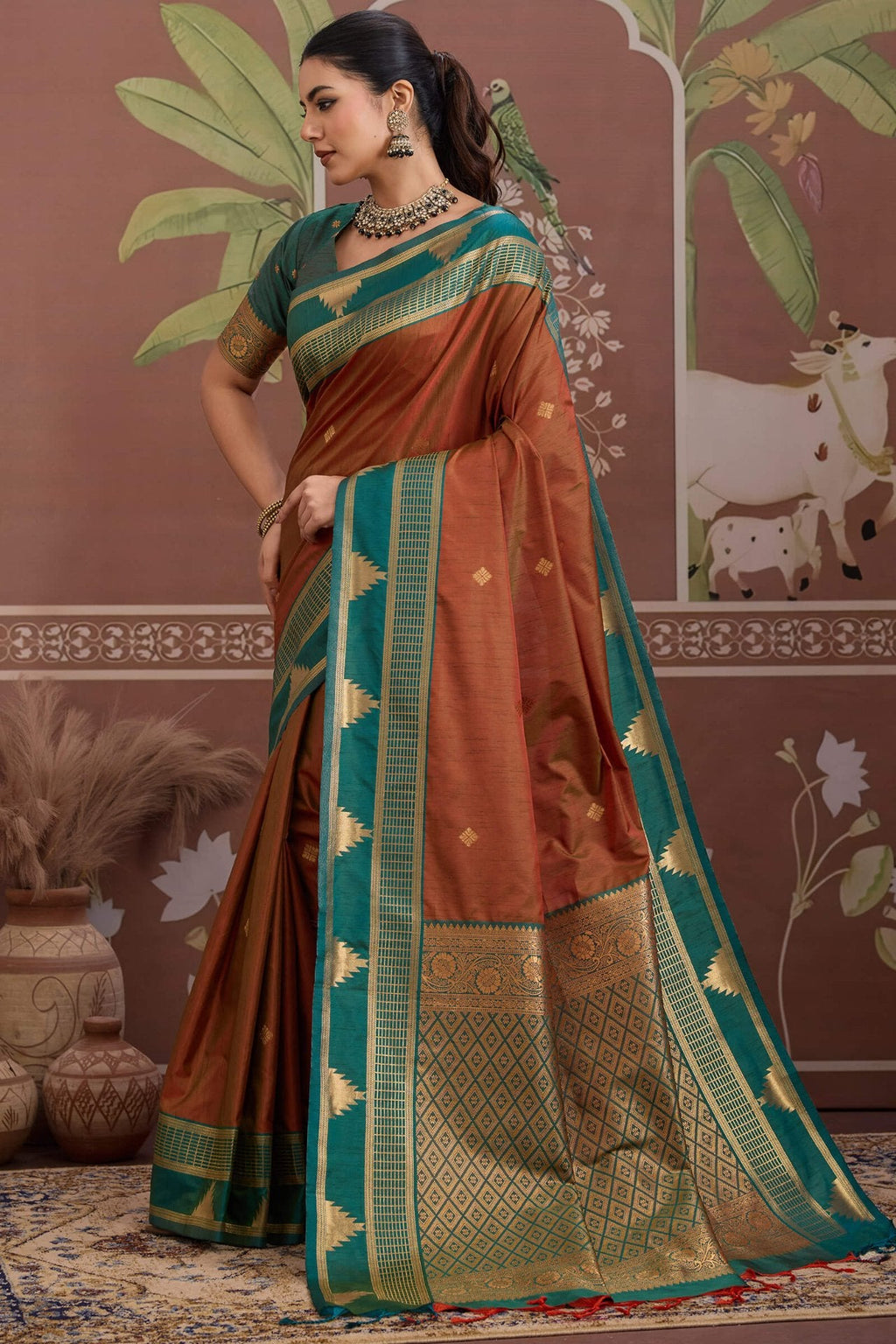 Autumn Brown Banarasi Tussar Silk Saree