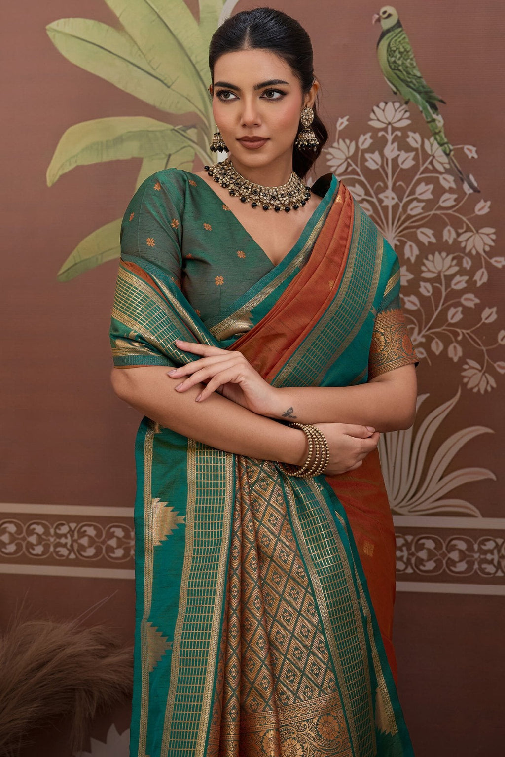 Autumn Brown Banarasi Tussar Silk Saree