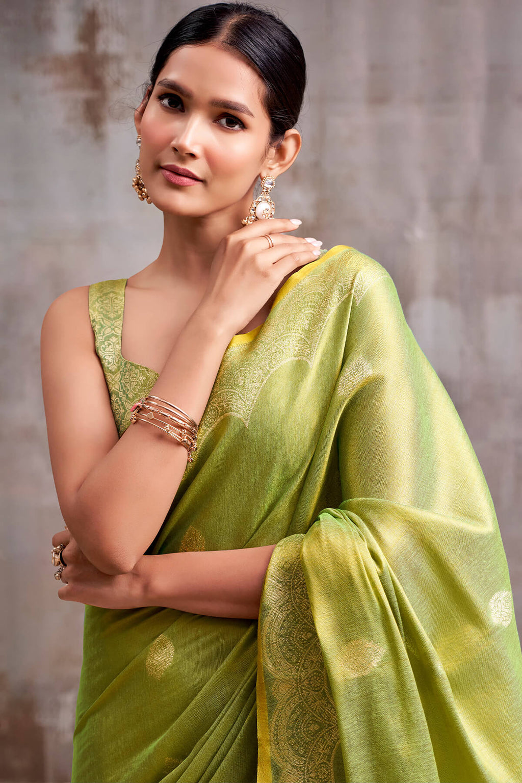 Avocado Green Zari Woven Banarasi Tissue Silk Saree