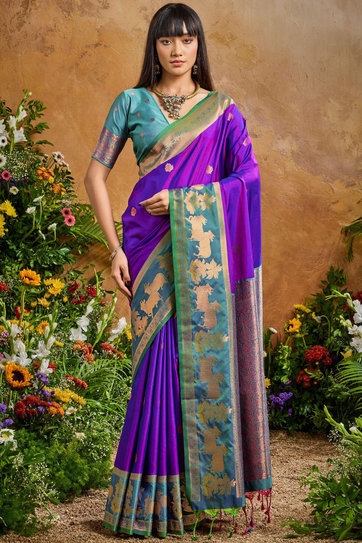 Barney Purple Banarasi Pichwai Silk Saree