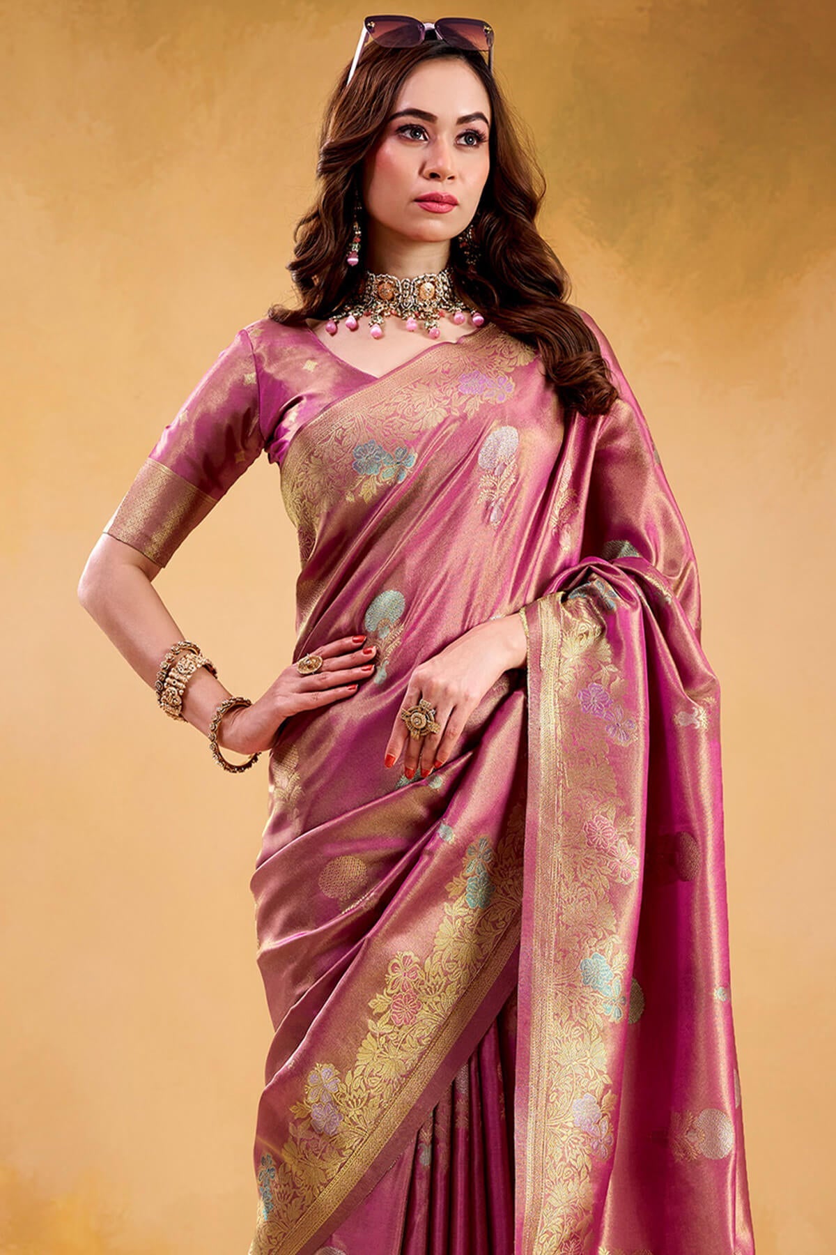 Bashful Pink Banarasi Tissue Silk Saree
