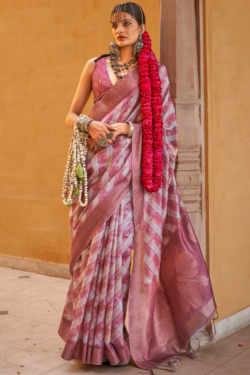 Bashful Pink Digital Printed Linen Silk Saree