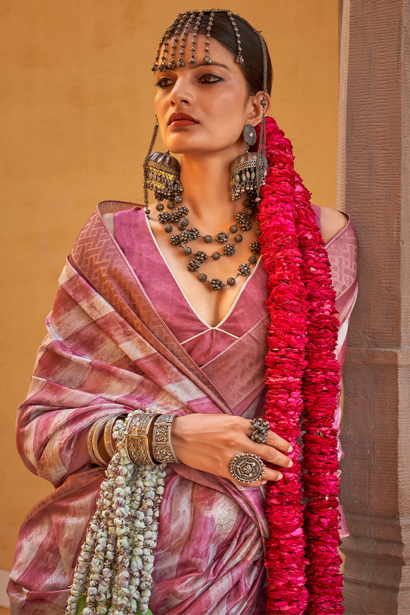 Bashful Pink Digital Printed Linen Silk Saree