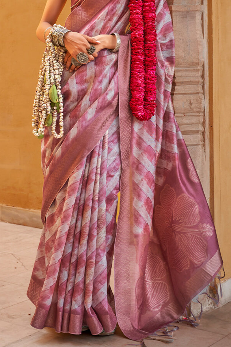 Bashful Pink Digital Printed Linen Silk Saree