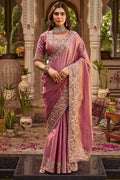 Bashful Pink Hand Work Viscose Saree with Stiched Blouse
