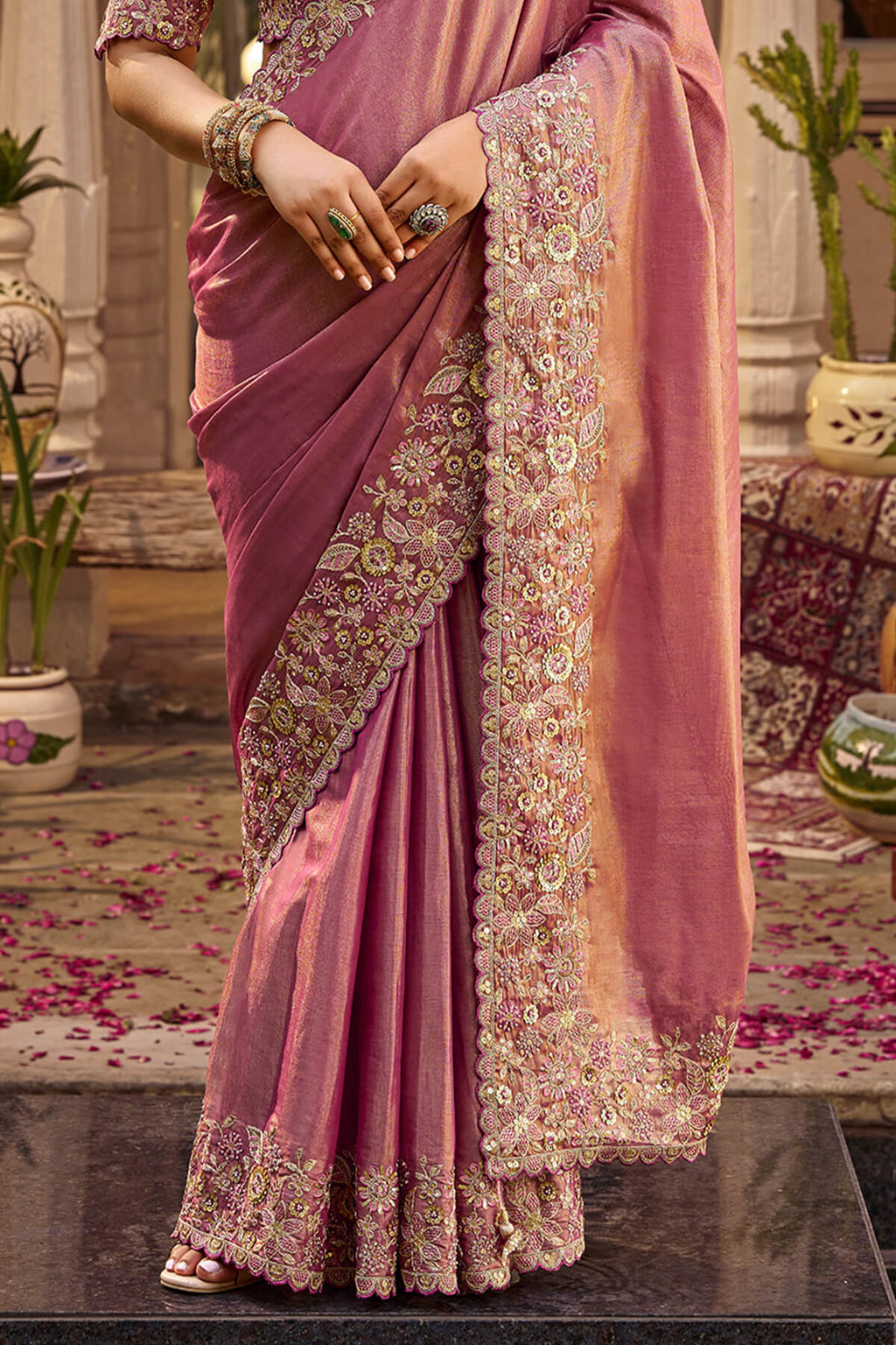 Bashful Pink Hand Work Viscose Saree with Stiched Blouse