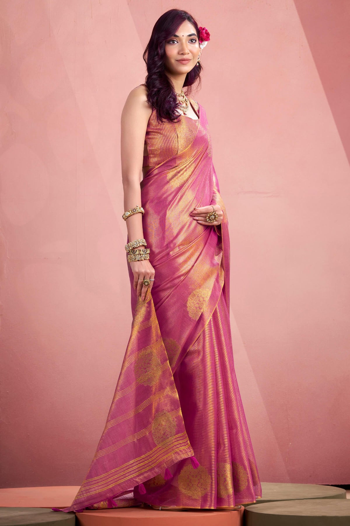 Bashful Pink Tissue Silk Saree