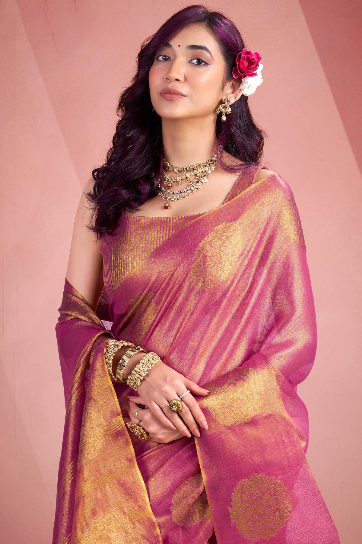 Bashful Pink Tissue Silk Saree