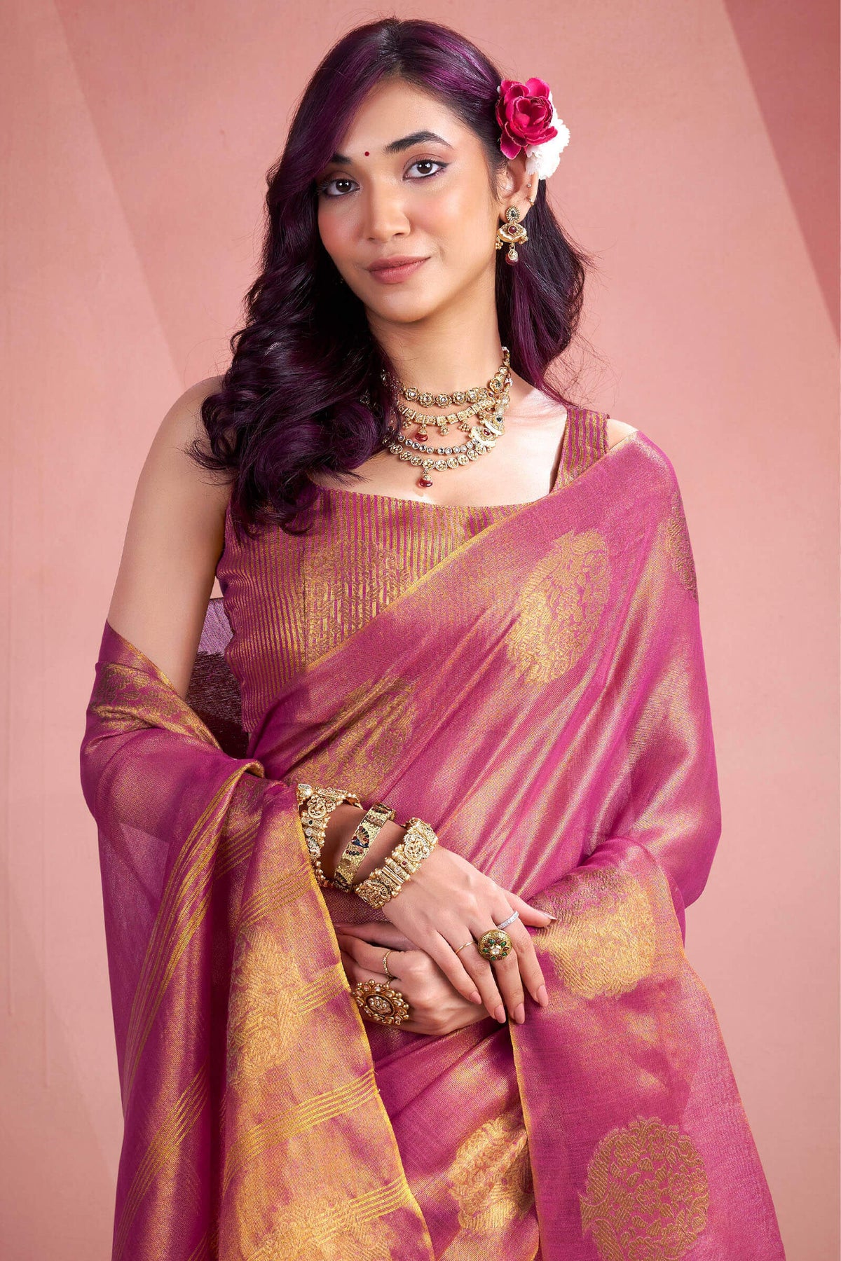 Bashful Pink Tissue Silk Saree