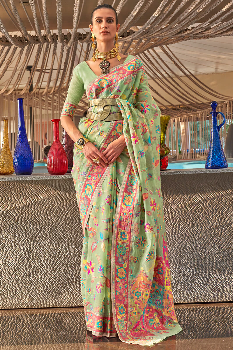 Battleship Green Kashmiri Modal Pashmina Silk Saree
