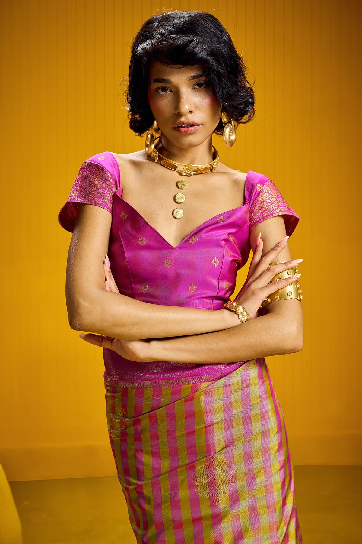 Bee Yellow Two tone Checks Banarasi Silk Saree