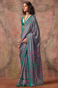 Beetle Green Ajarkh Printed Satin Georgette Silk Saree
