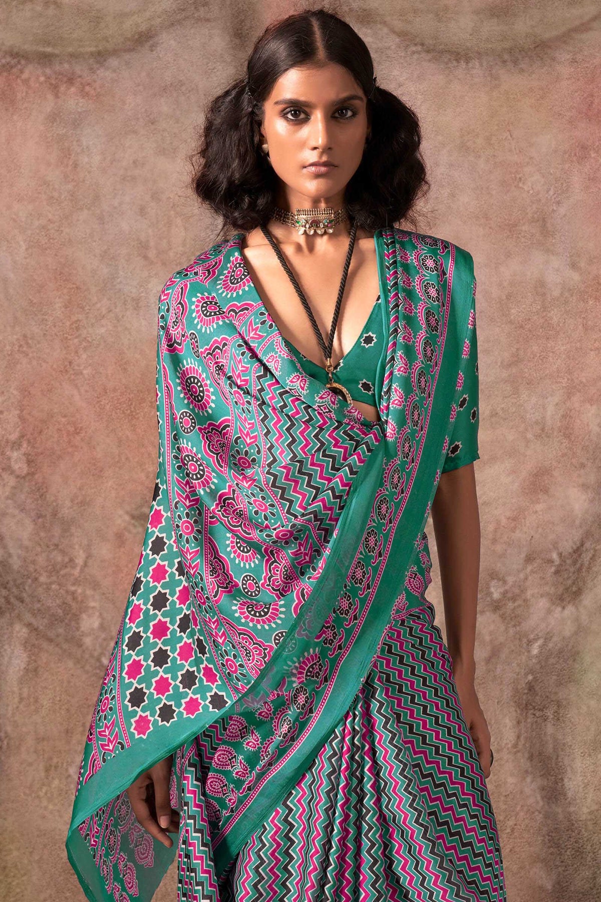 Beetle Green Ajarkh Printed Satin Georgette Silk Saree