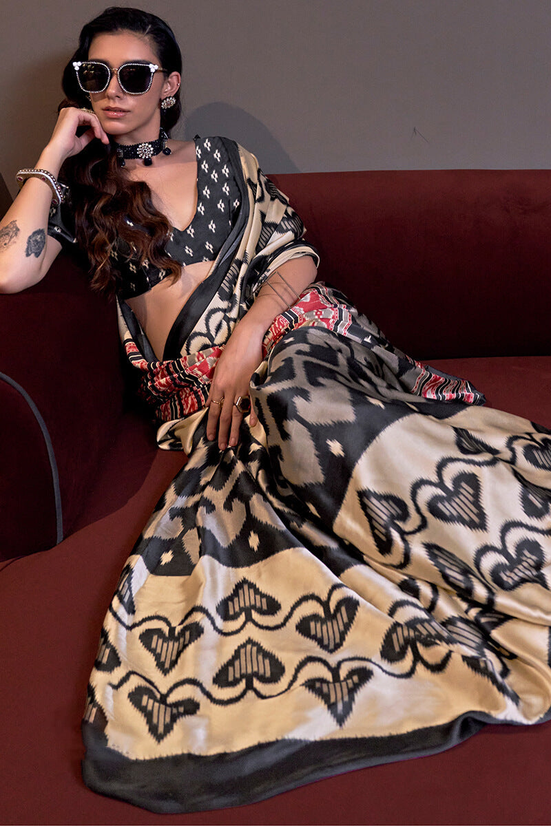 Beige and Black Patola Printed Satin Crepe Silk Saree