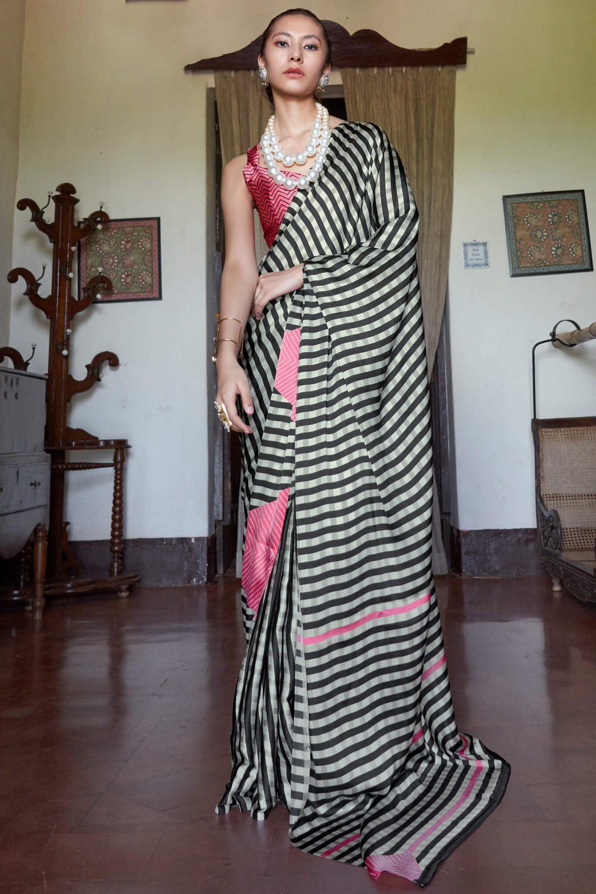 Beige and Black Stripe Printed Satin silk Saree