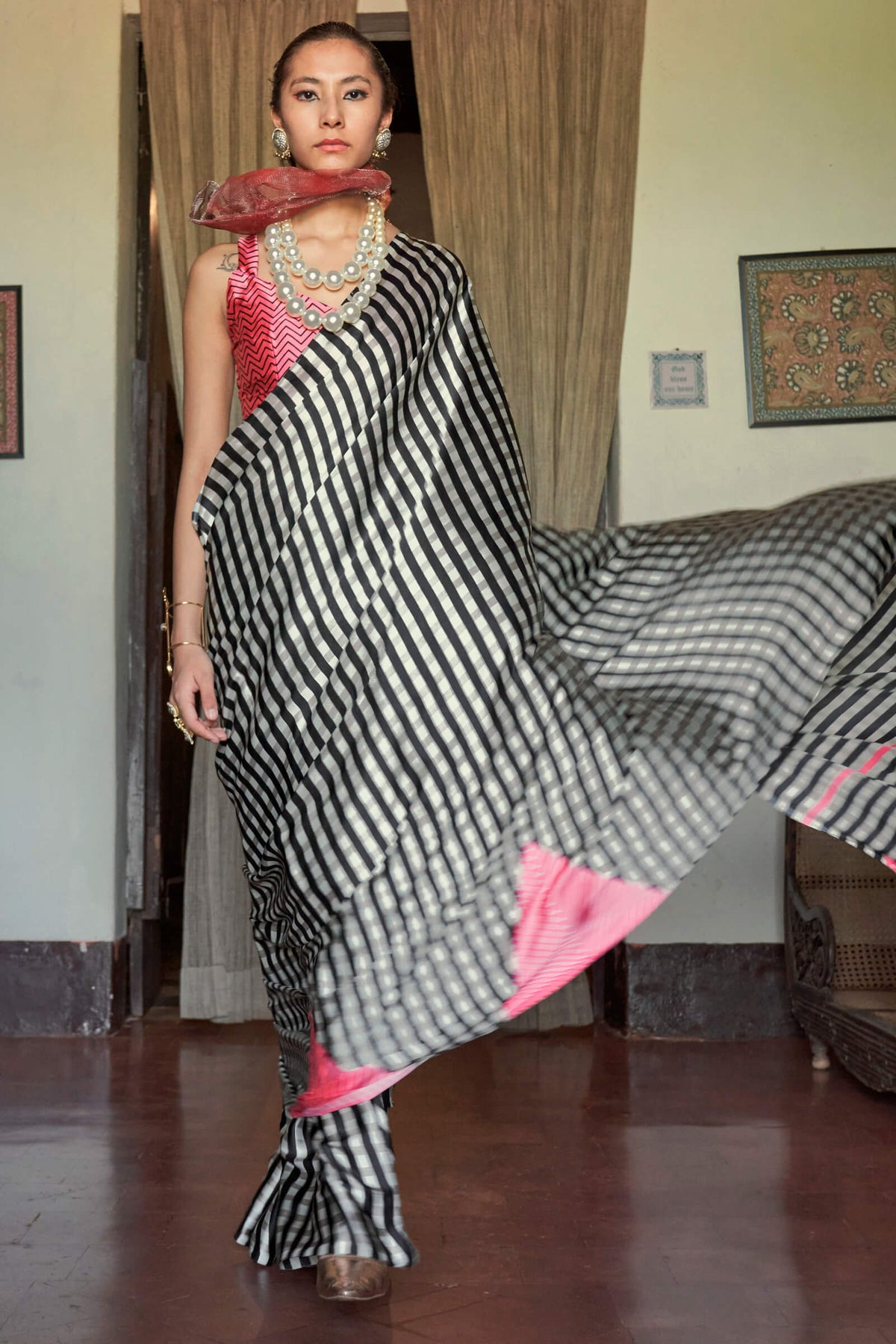 Beige and Black Stripe Printed Satin silk Saree