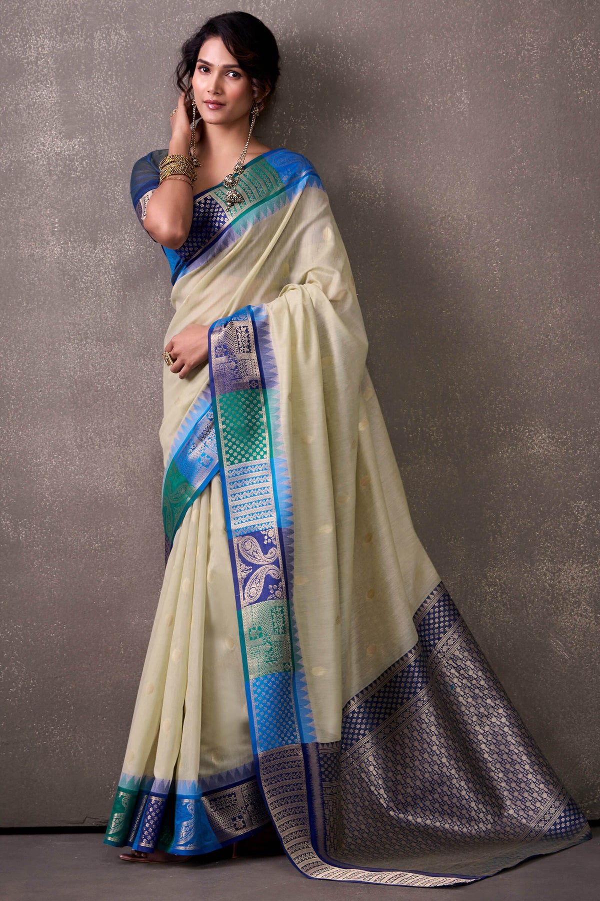 Beige and Blue Cotton Modal Silk Saree