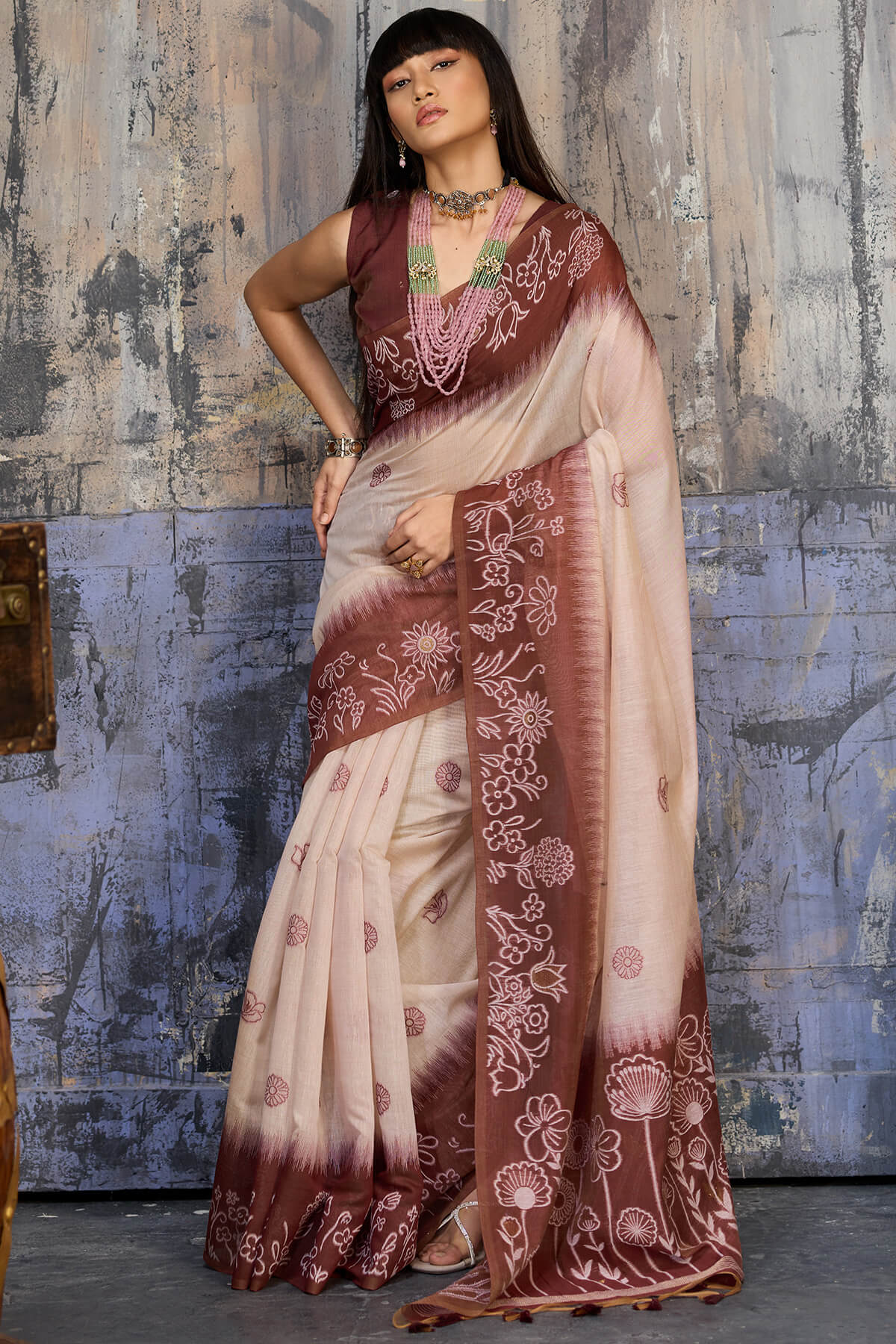 Beige and Brown Handloom Munga cotton Silk Saree