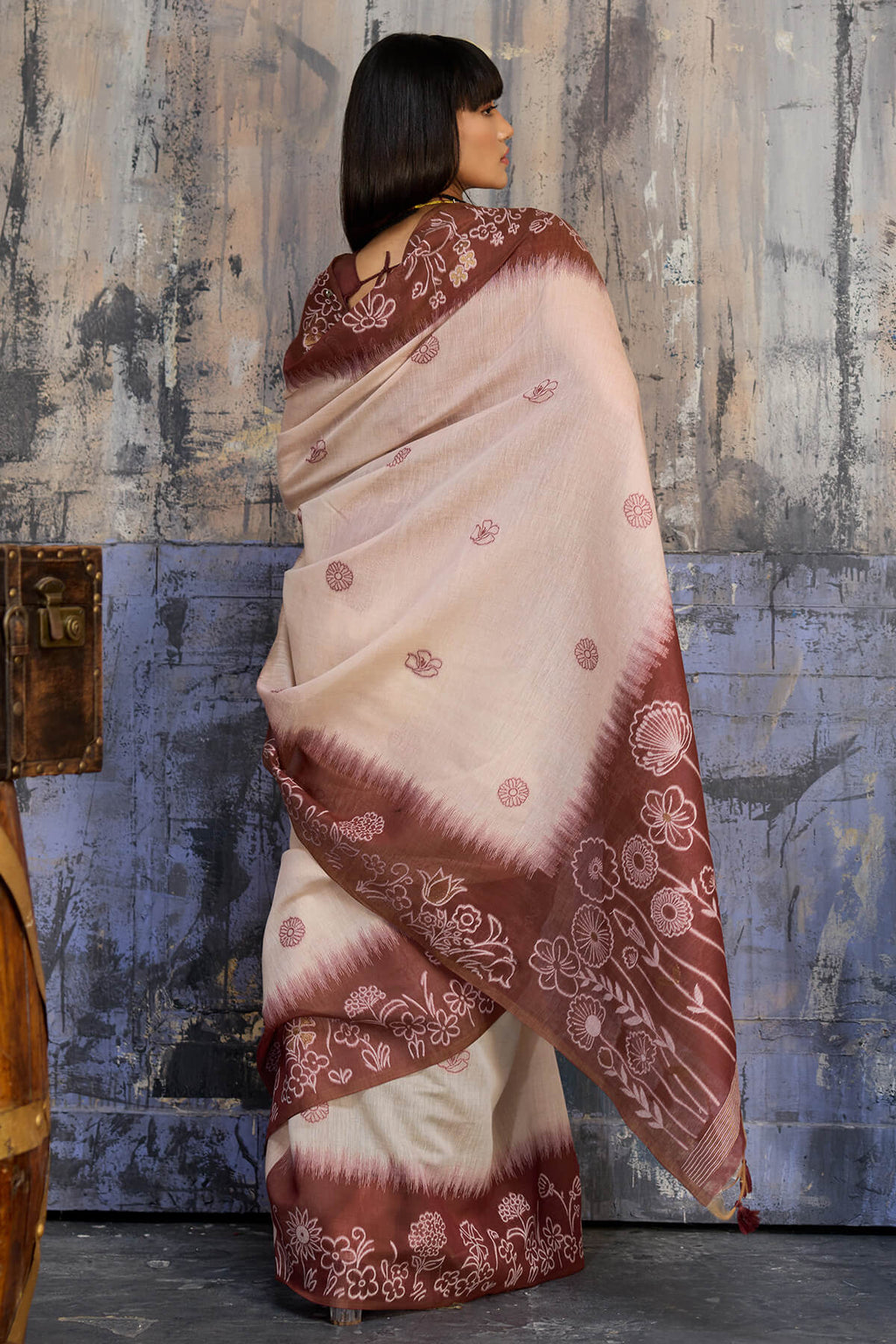 Beige and Brown Handloom Munga cotton Silk Saree