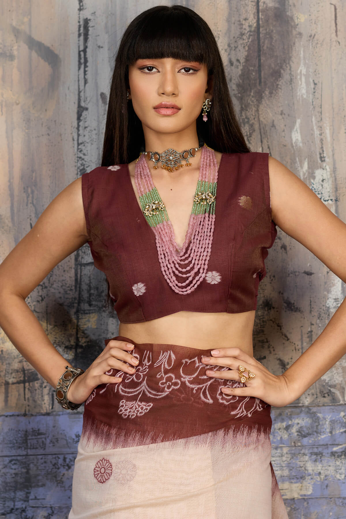 Beige and Brown Handloom Munga cotton Silk Saree