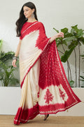 Beige and Dark Red Printed Satin Silk Saree