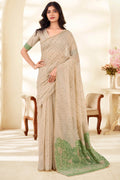 Beige and Green Cotton Silk Saree