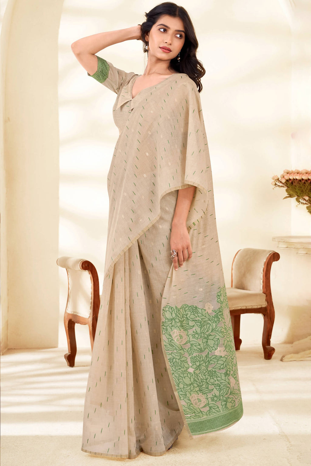 Beige and Green Cotton Silk Saree