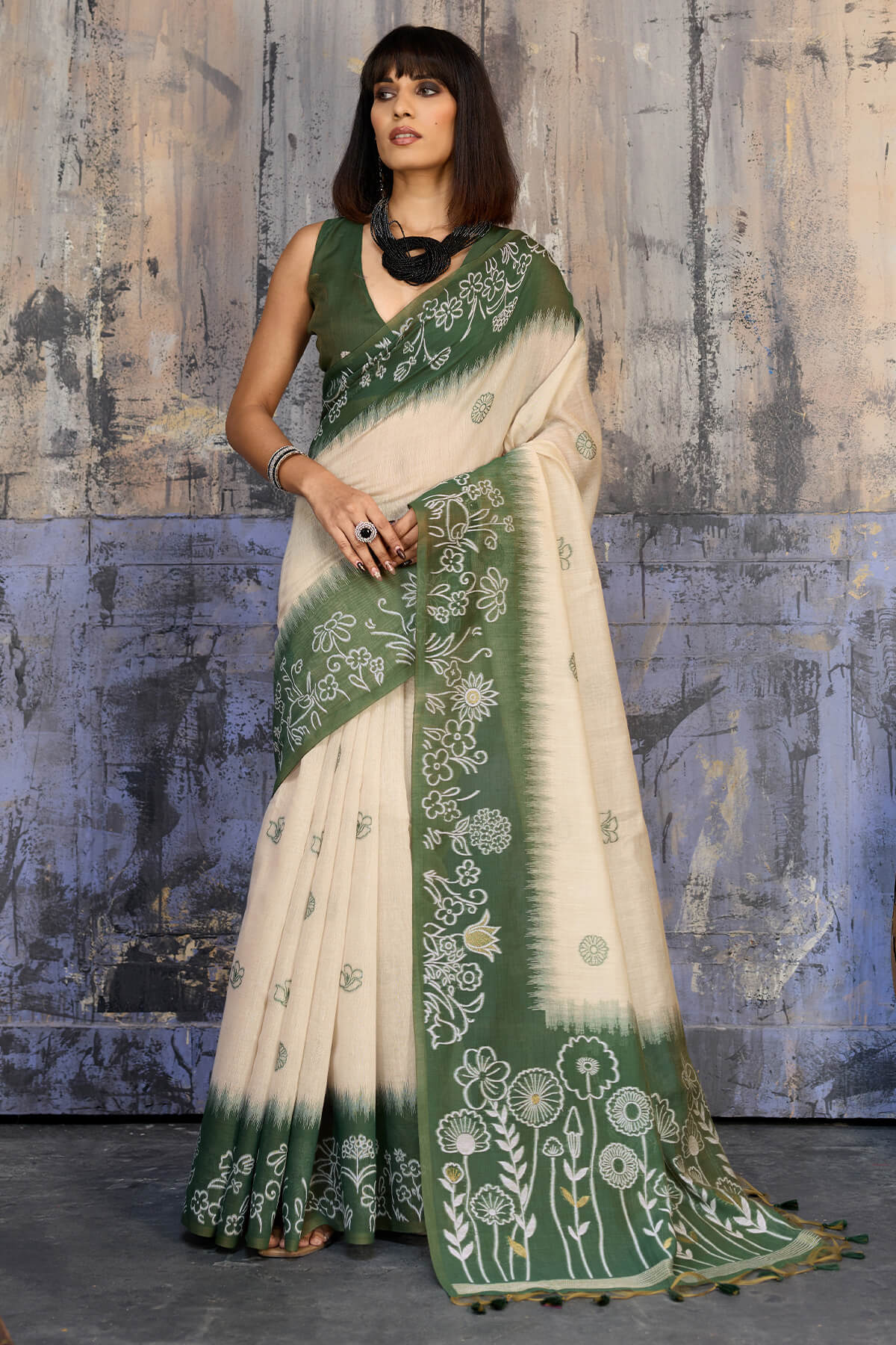 Beige and Green Handloom Munga cotton Silk Saree