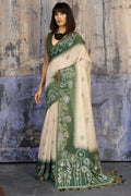 Beige and Green Handloom Munga cotton Silk Saree