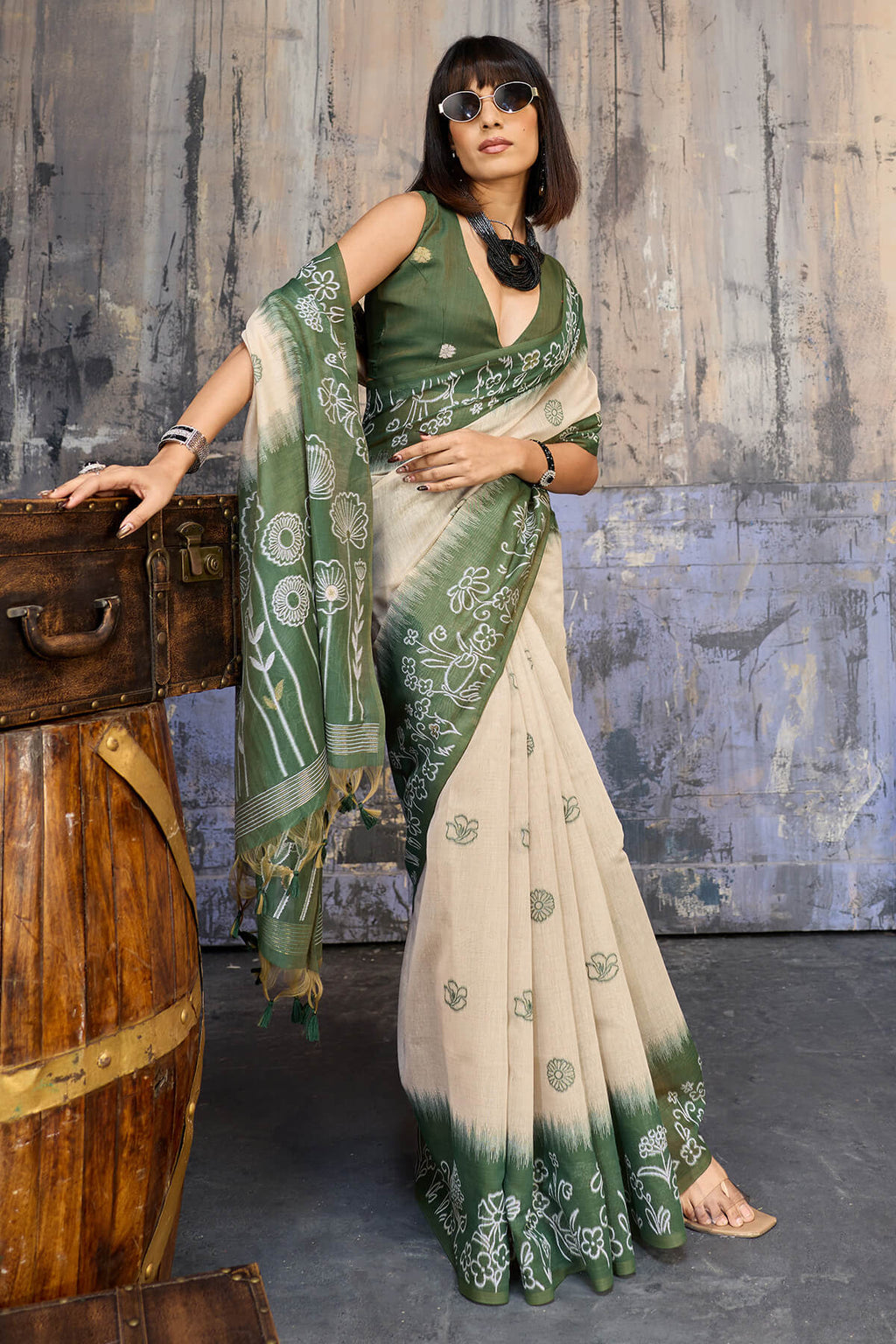 Beige and Green Handloom Munga cotton Silk Saree
