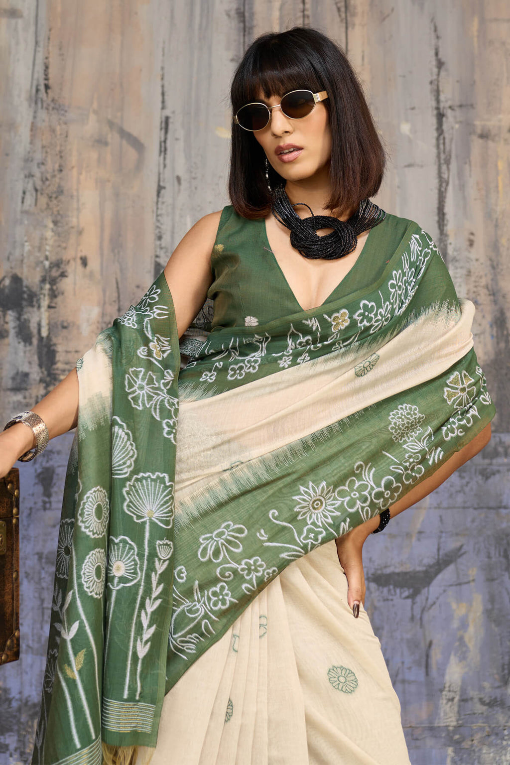 Beige and Green Handloom Munga cotton Silk Saree