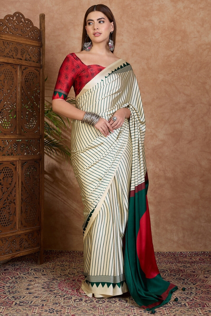 Beige and Green Stripe Ajrakh Printed Satin Silk Saree