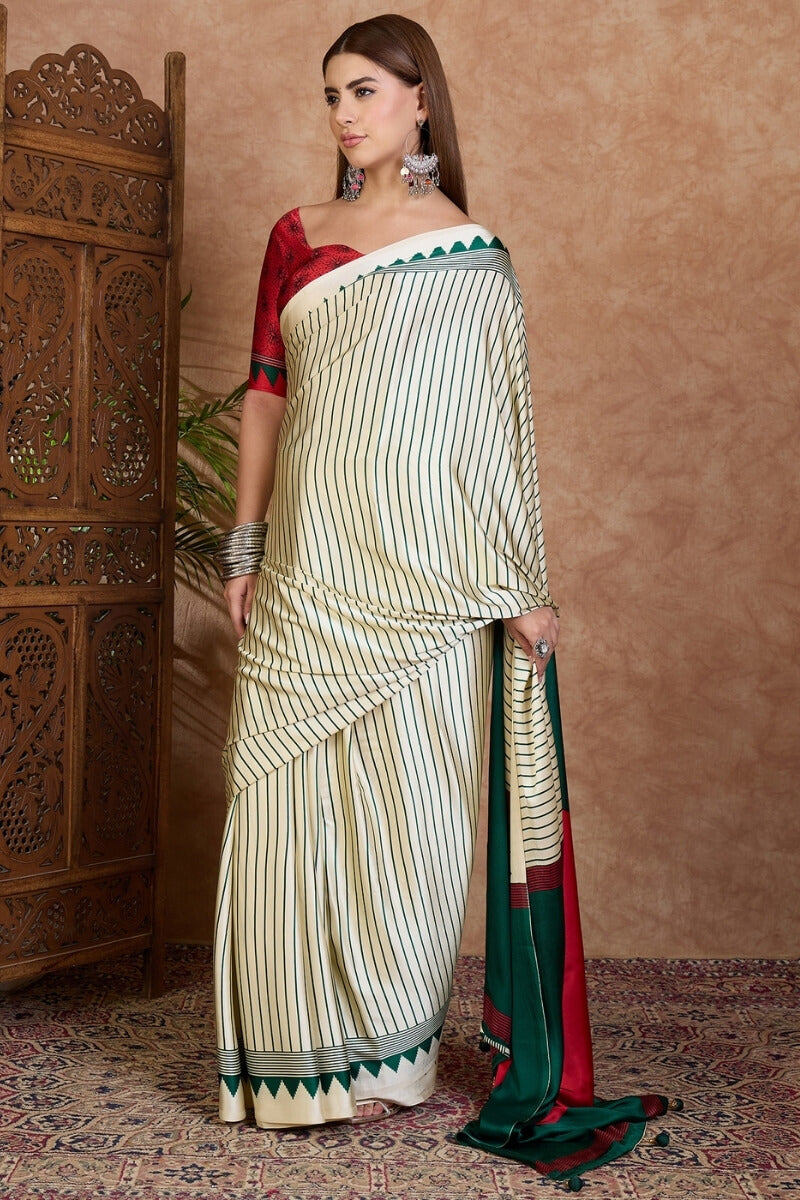 Beige and Green Stripe Ajrakh Printed Satin Silk Saree