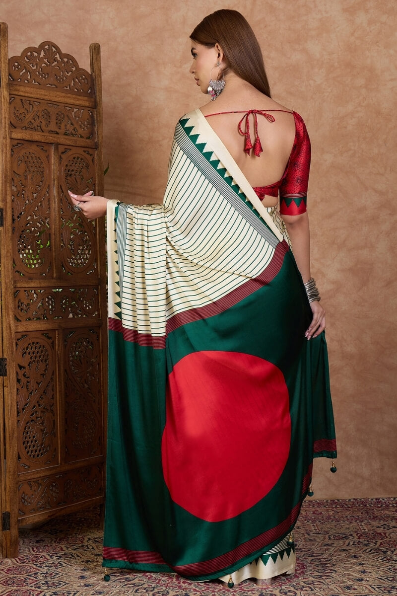 Beige and Green Stripe Ajrakh Printed Satin Silk Saree