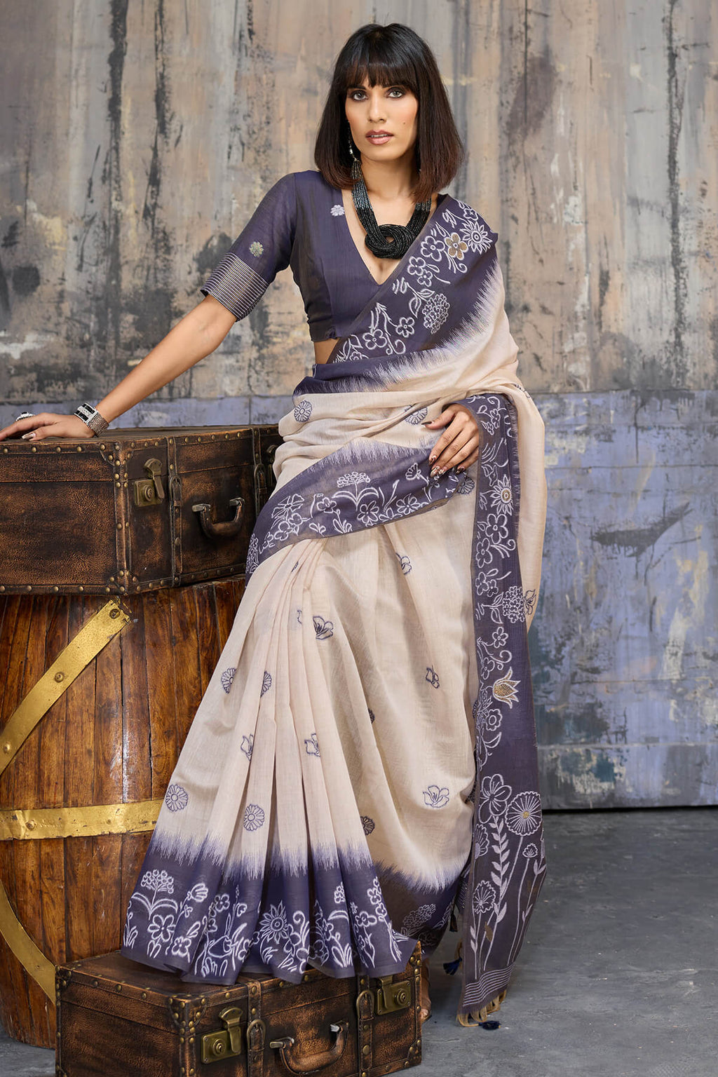 Beige and Grey Handloom Munga cotton Silk Saree