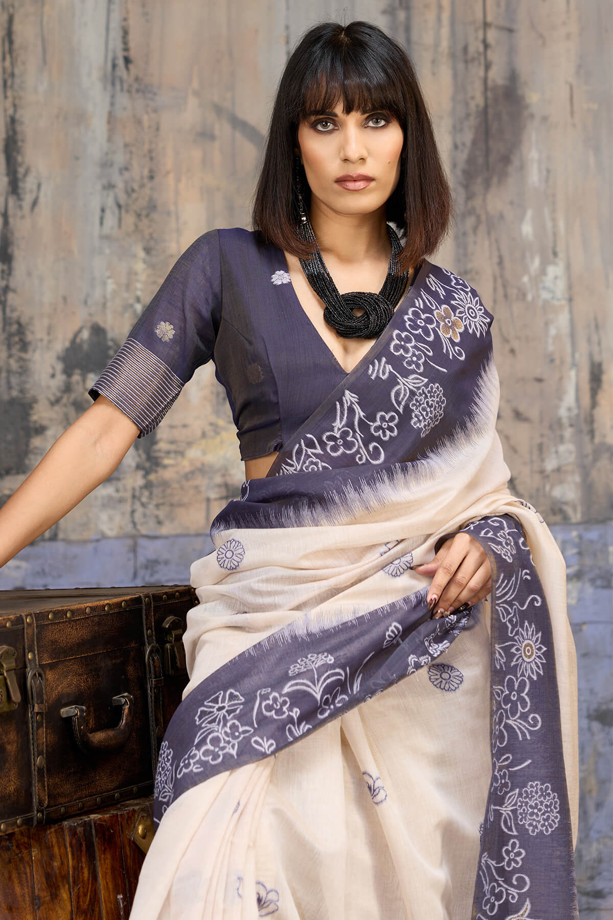 Beige and Grey Handloom Munga cotton Silk Saree