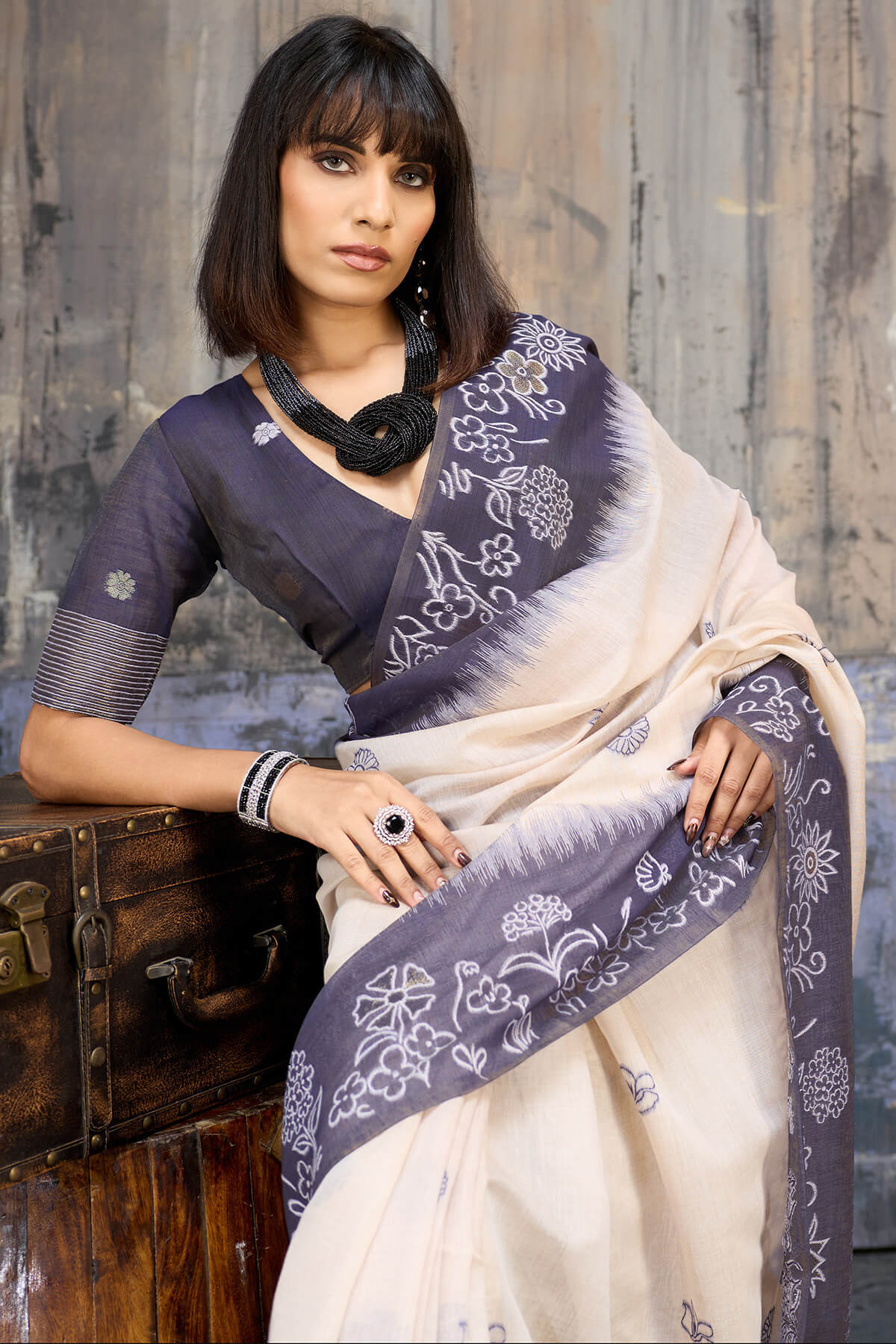 Beige and Grey Handloom Munga cotton Silk Saree